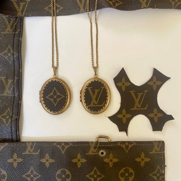 Upcycled Reworked L V Monogram Canvas Locket Necklace Handmade Flower Motif - Picture 12 of 15